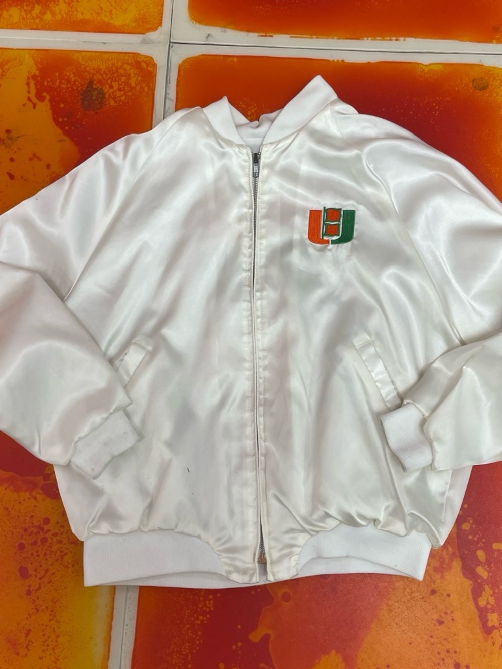 1987 White Satin University of Miami Bomber Jacket with Orange & Green Patch